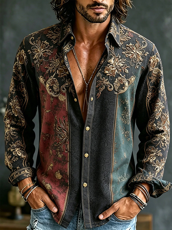 Men's Vintage Boho Pattern Art Print Long Sleeve Shirt