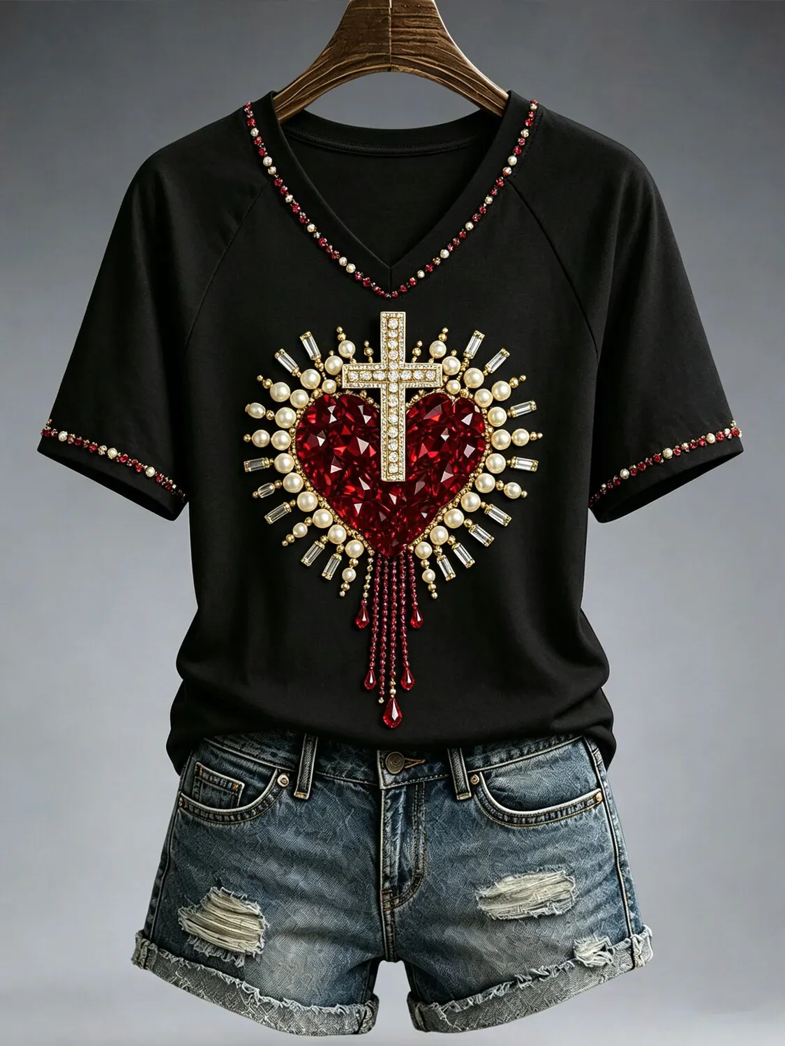 Women's Rhinestone Beaded Red Heart Cross Tassel Trim Print Casual T-Shirt