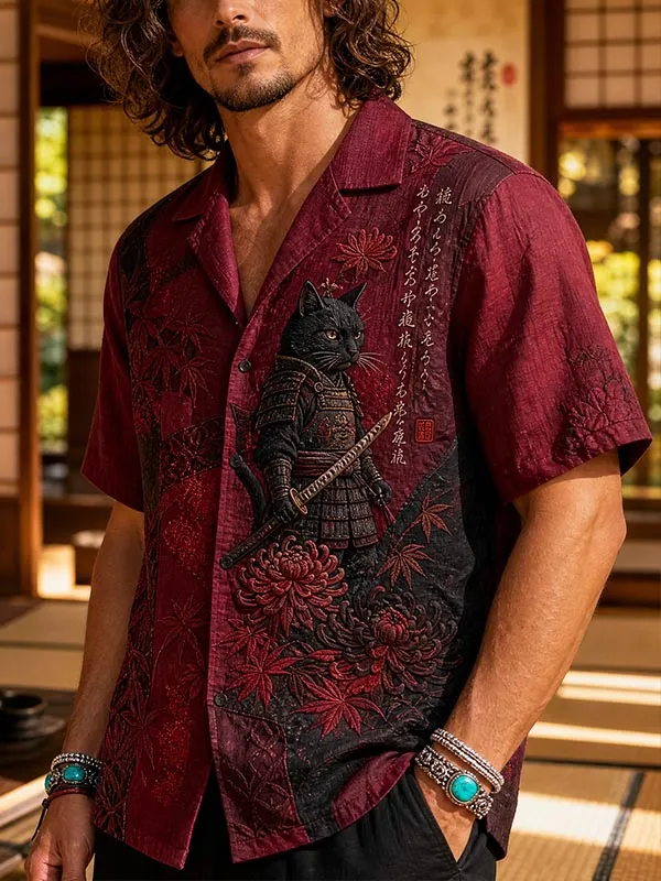 Men's Japanese Samurai Cat Flowers Print Short Sleeve Shirt