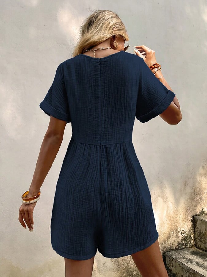 Women's Fashion Solid Color V Neck Loose Bat Sleeve Pocket Zipper Short Sleeve Jumpsuit