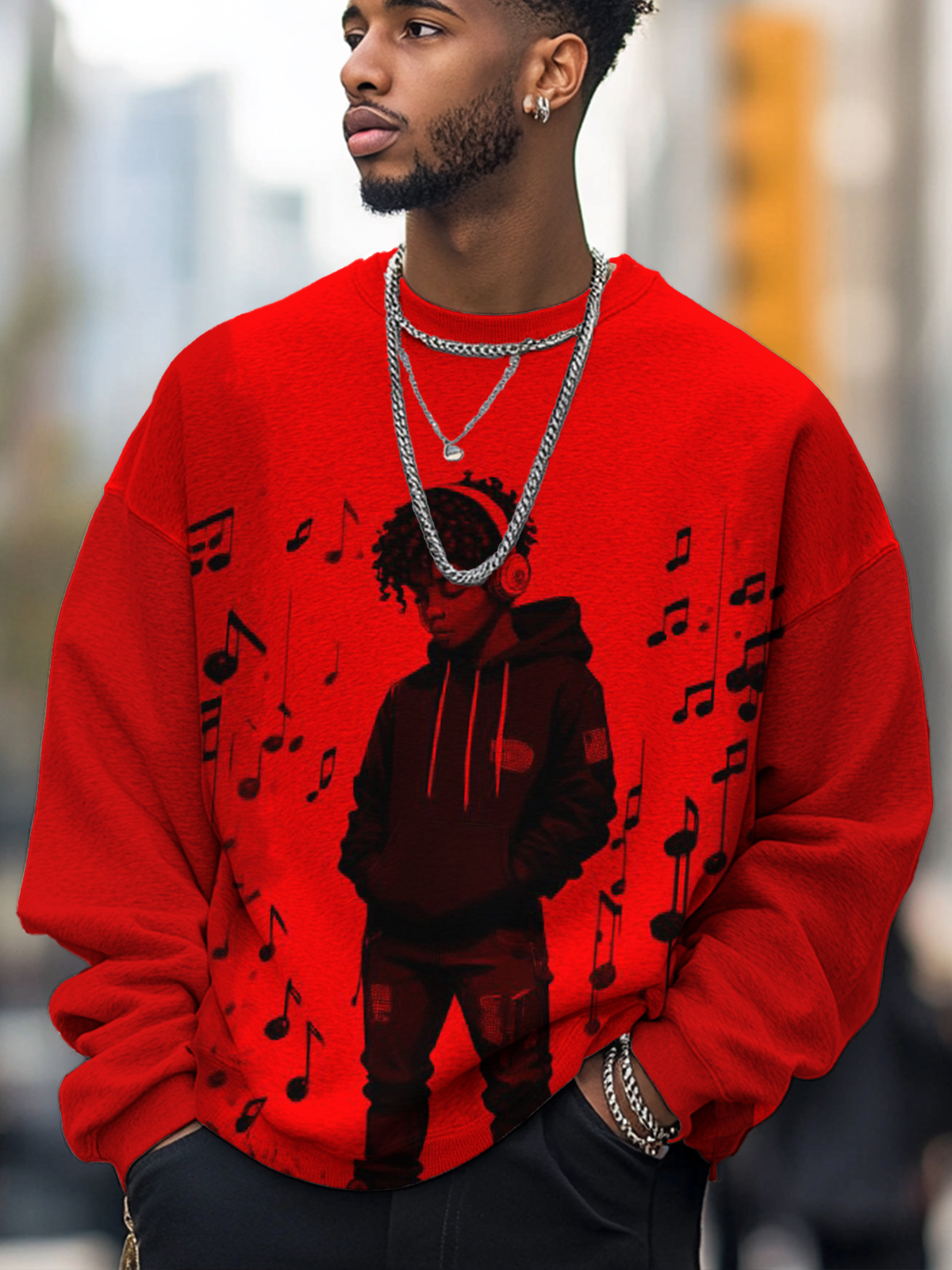 Men's Black People Listening To Music Art Print Casual Sweatshirt
