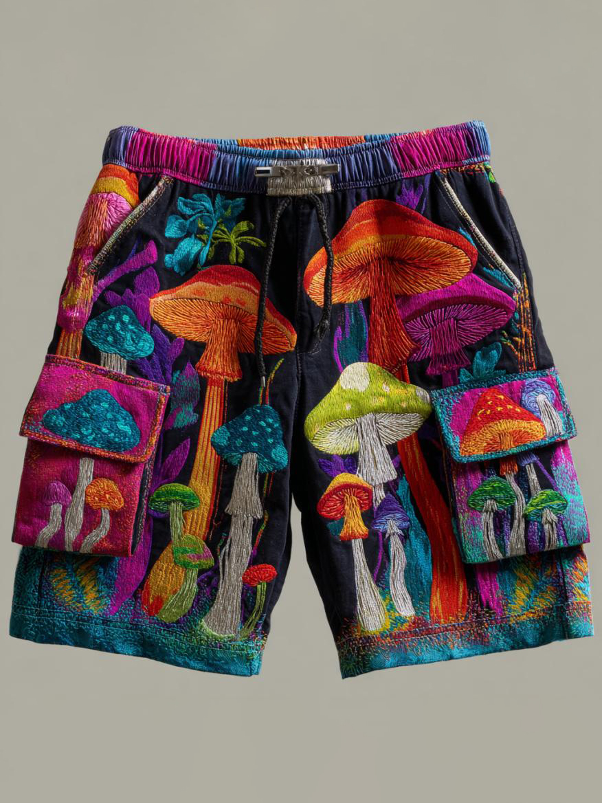 Men's Psychedelic Mushroom Hippie Art Print Drawstring Waist Casual Shorts