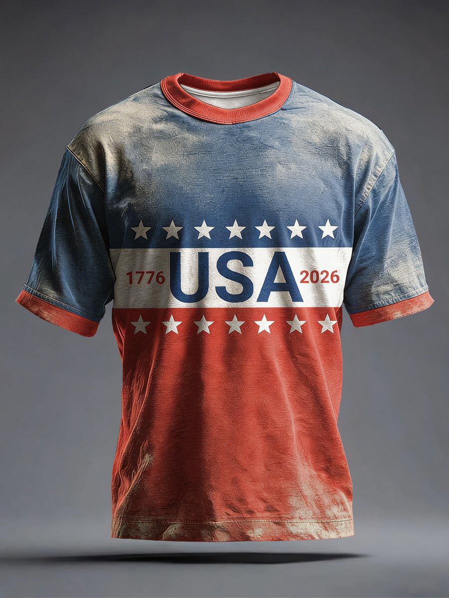 Men's USA  Stars Colorblock Print Casual T-Shirt