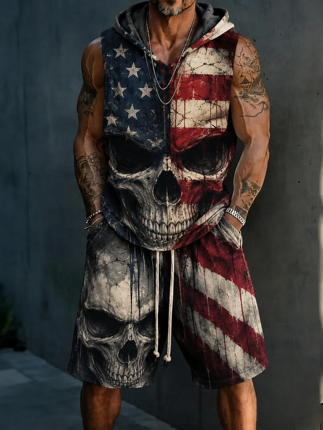 Men's Retro American Flag Skull Dark Print Hooded Tank Top Shorts Matching Set