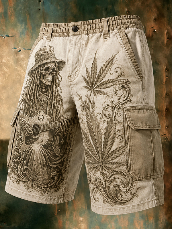Men's Hippie Art Skull Playing Guitar Print Cargo Shorts