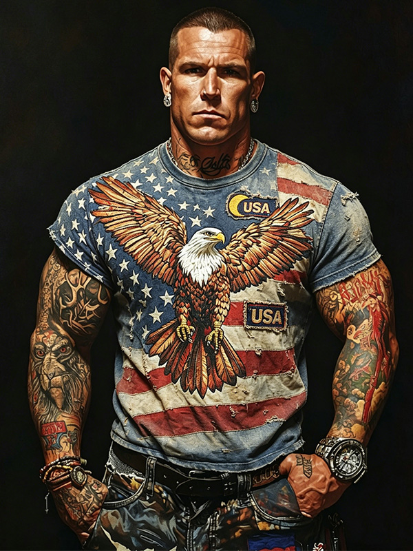 Men'S Retro Independence Day Flag With Eagle Art Print Casual Short Sleeve T-Shirt