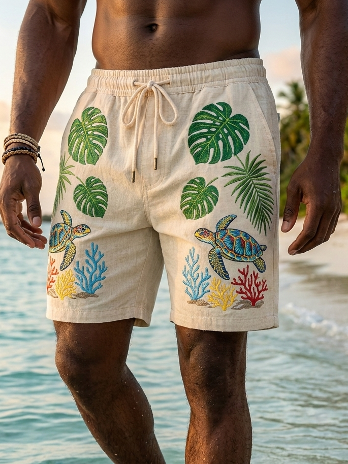 Men's Turtle And Monstera Leaf Art Print Casual Hawaiian Shorts