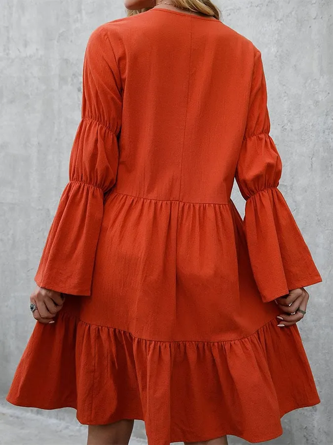 Women's Bohemian Loose Ruffle Long Sleeve Midi Dress