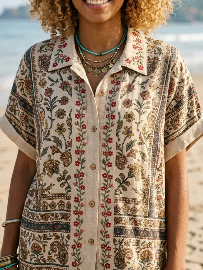 Women's Boho Floral Vintage Botanical Print Short Sleeve Shirt