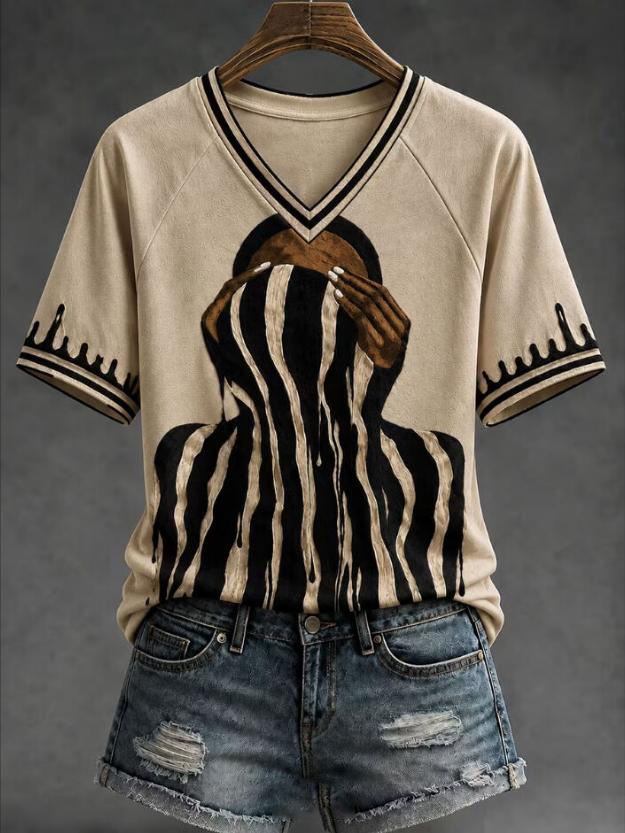 Women's Zebra Stripe Face Art Print Casual V Neck T-Shirt