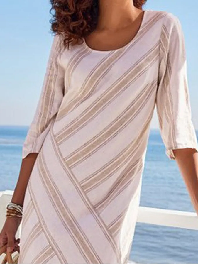 Ladies Striped Cotton Linen Striped Mid Length Dress
