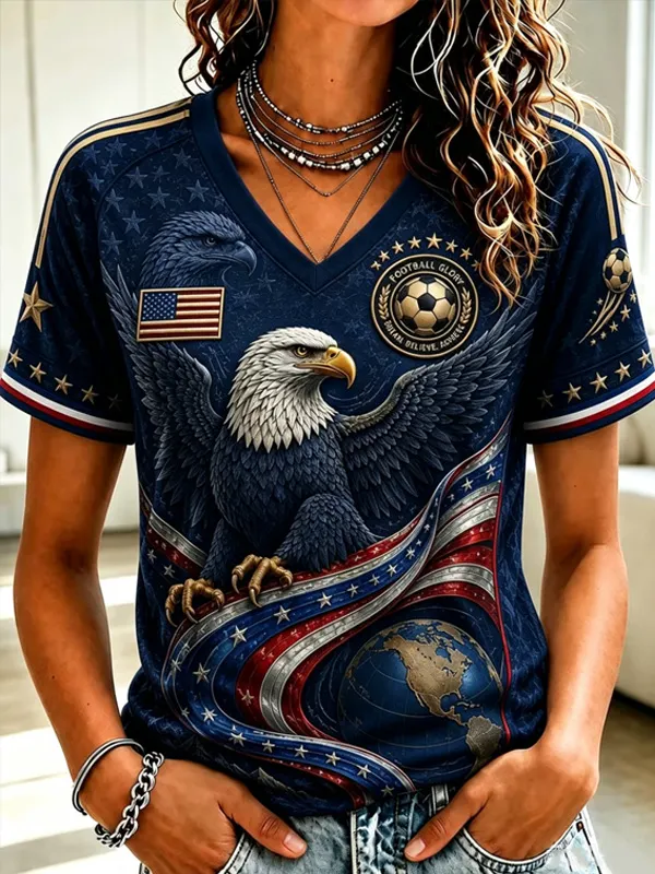 Women's Bald Eagle USA Flag Globe Soccer Art Print V Neck Short Sleeve T-Shirt