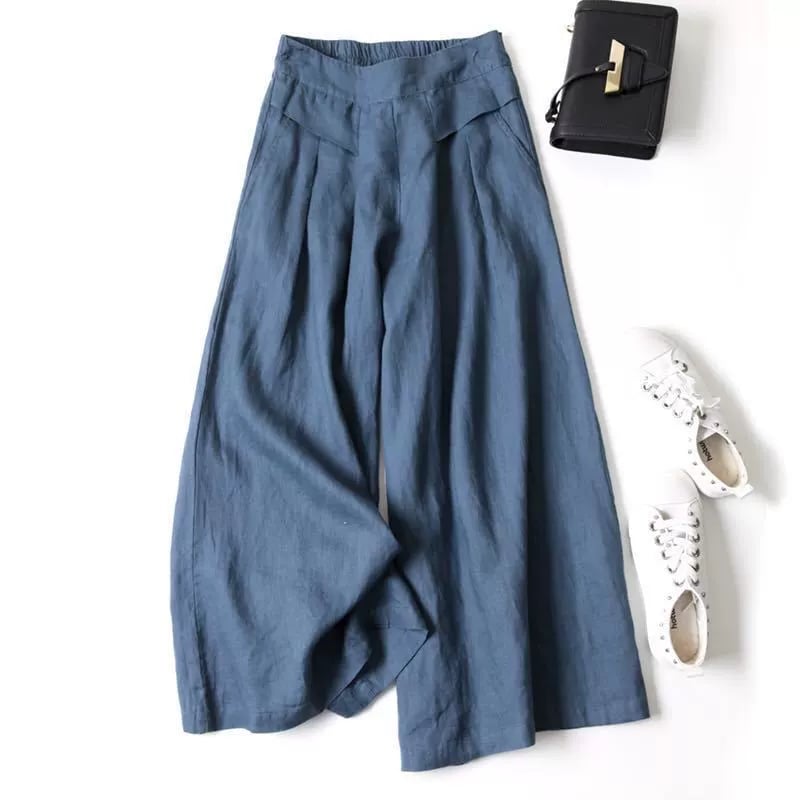 Women's Cotton Linen Culottes Pants Elastic Waist Wide Leg Palazzo Trousers Capri Pants with Pockets