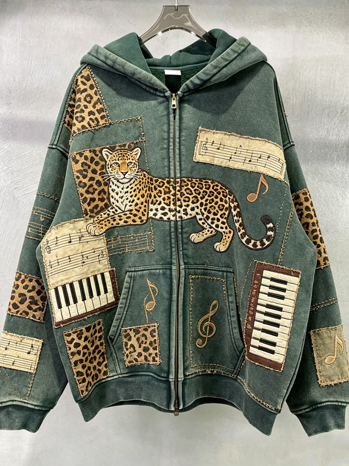 Men's Patchwork Art Piano Notes Leopard Print Hooded Zip Up Jacket