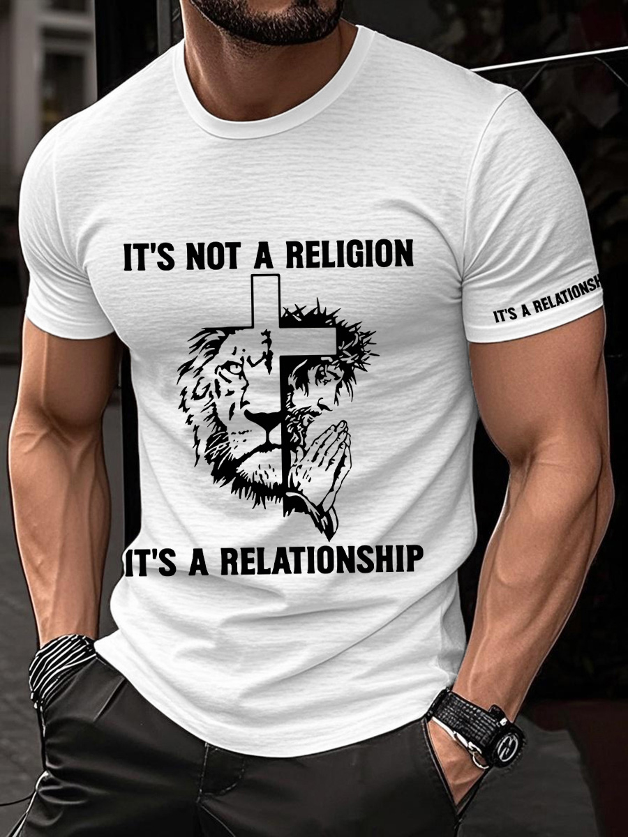 Men's It's Not A Religion It's A Relationship Lion Cross Print Cotton Casual T-Shirt