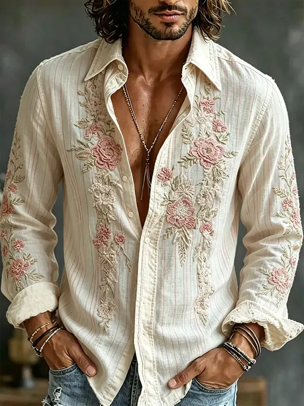 Men's Elegant Floral Embroidered Stripes Art Print Long Sleeve Shirt