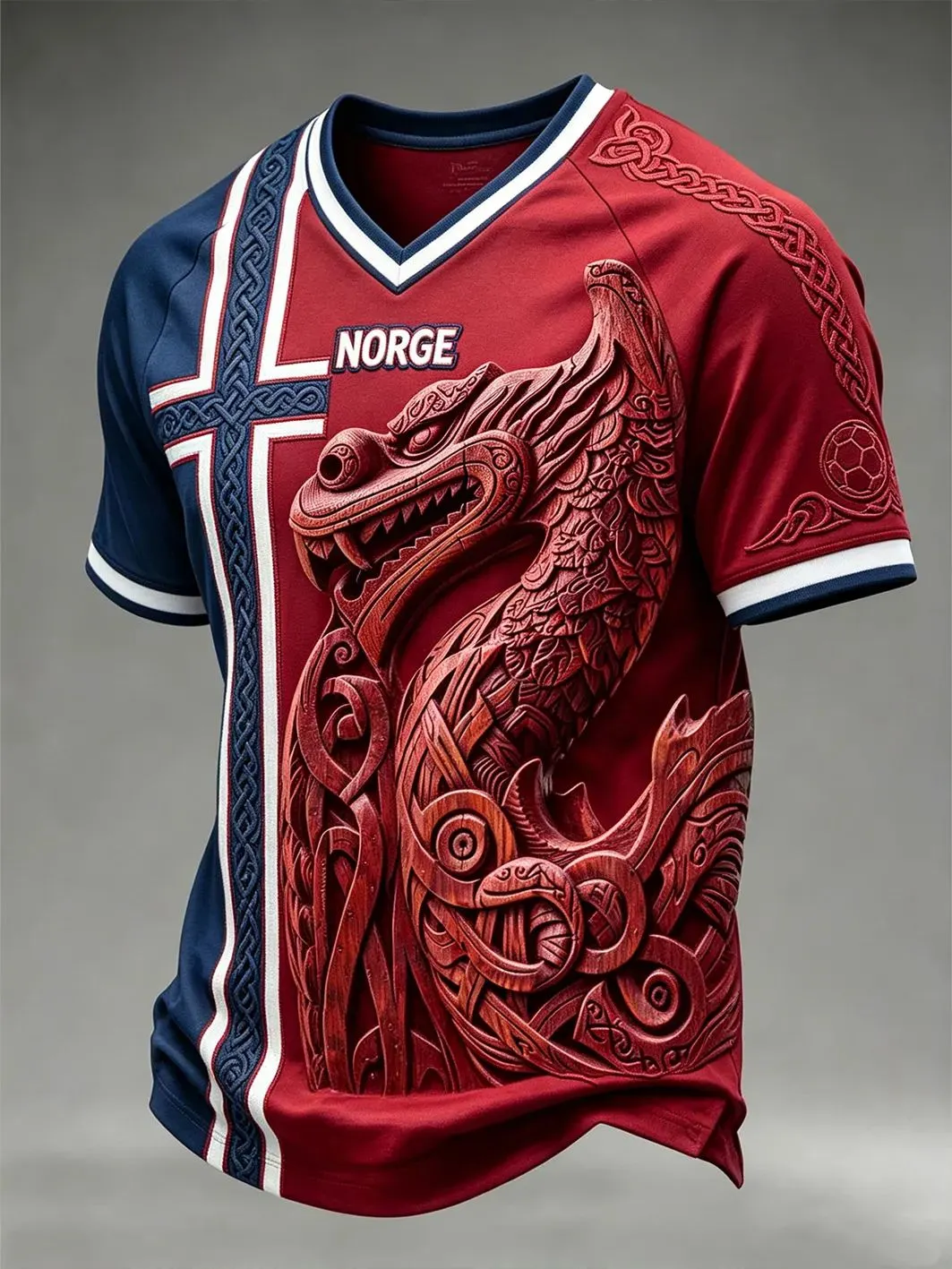 Men's Norway Cross 3D Wood Carving Dragon Print V Neck T-Shirt