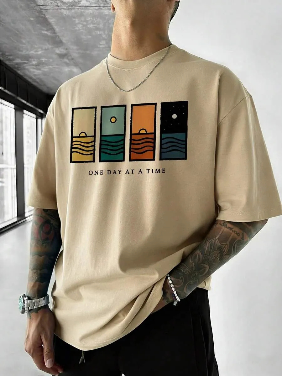 Men's One Day At A Time Retro Ocean Wave Print Cotton Casual T-Shirt