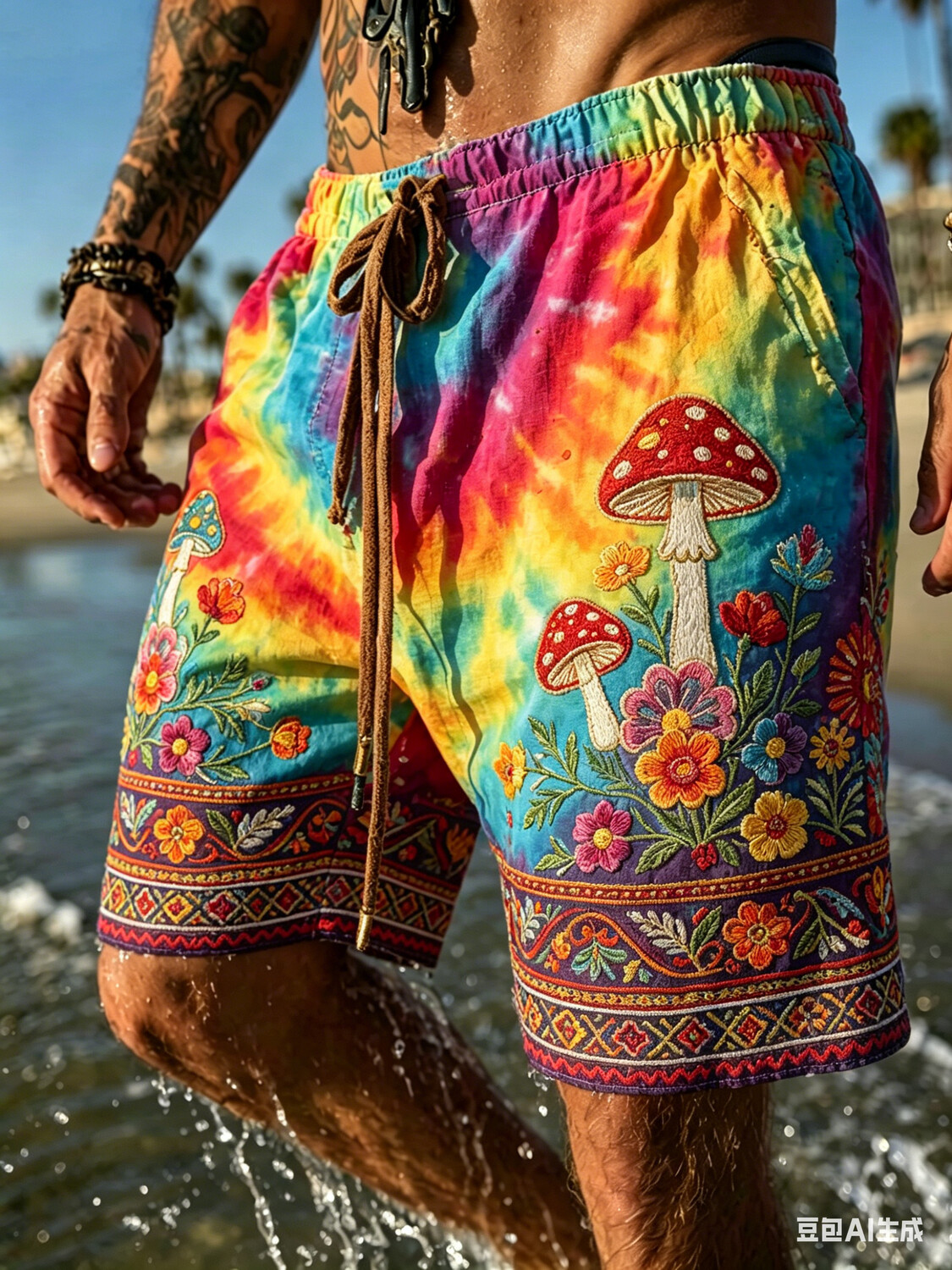 Men's Rainbow Tie-Dye Mushroom Flower Print Casual Shorts