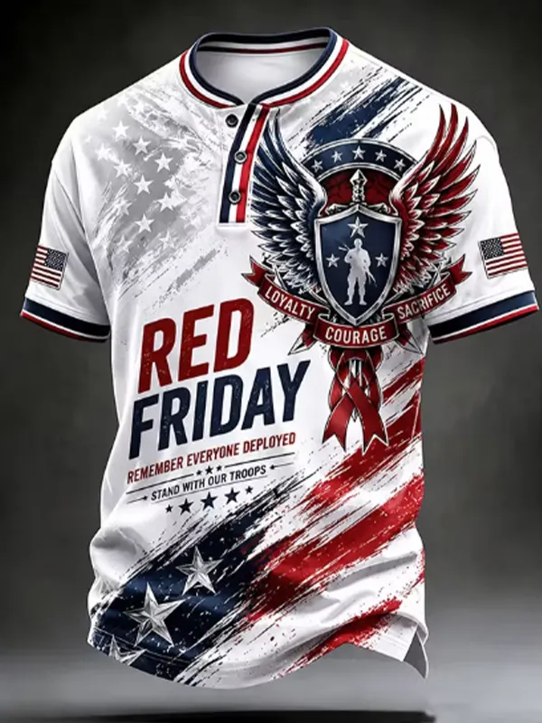 Men's Red Friday Remember Everyone Deployed Soldier Print Henley T-Shirt