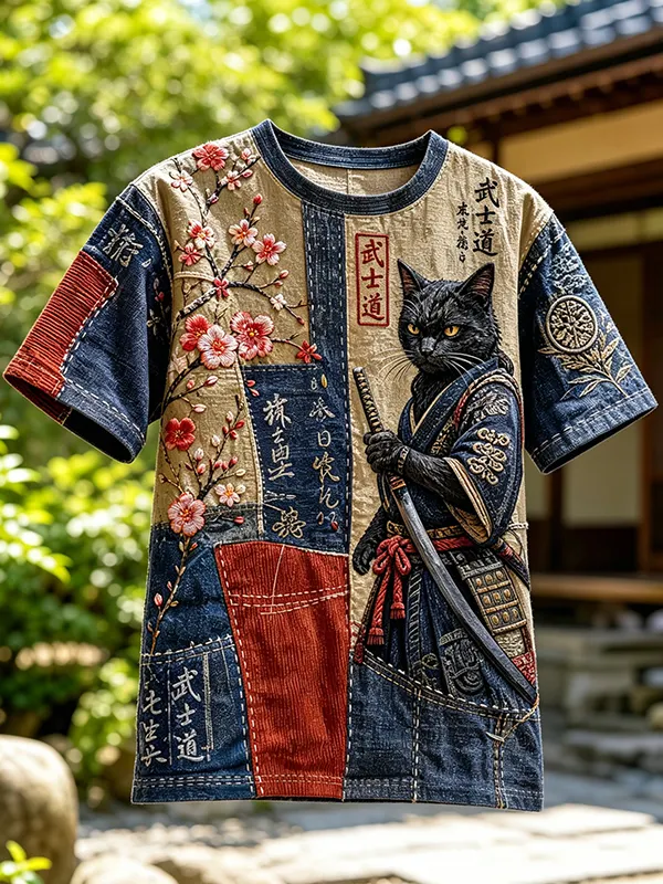 Men's Patchwork Samurai Cat Cherry Blossom Wabi Sabi Print T-Shirt