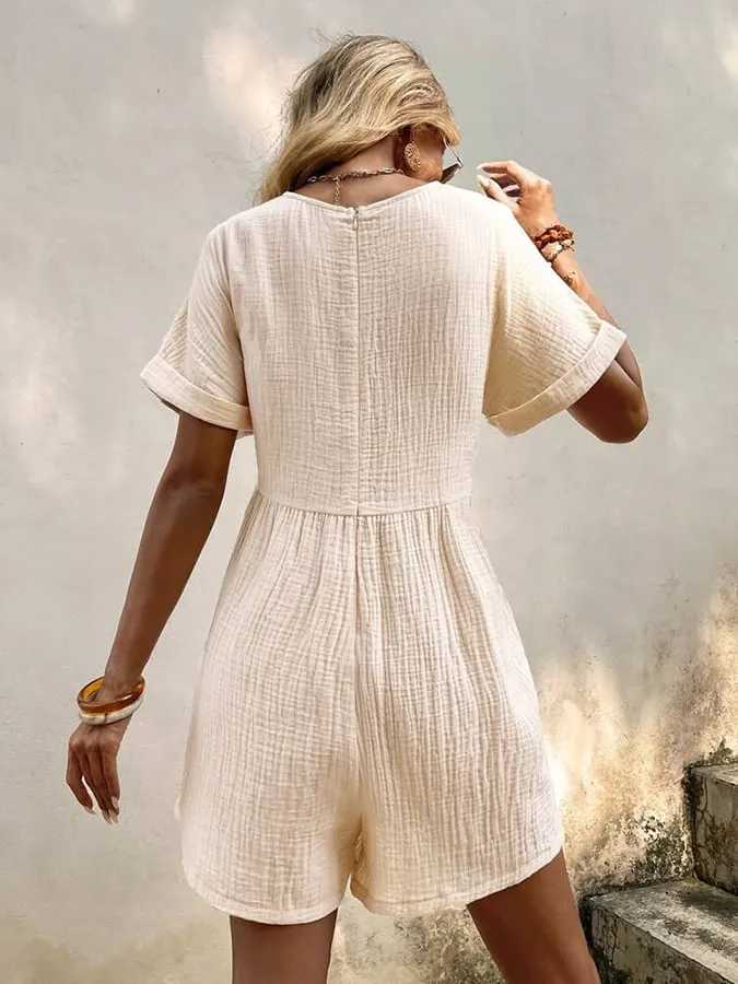 Women's Fashion Solid Color V Neck Loose Bat Sleeve Pocket Zipper Short Sleeve Jumpsuit