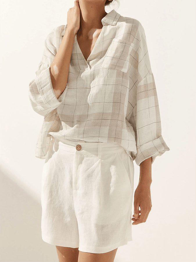 Women's Plaid V-Neck Pocket Patchwork Loose Casual Long-Sleeved Top