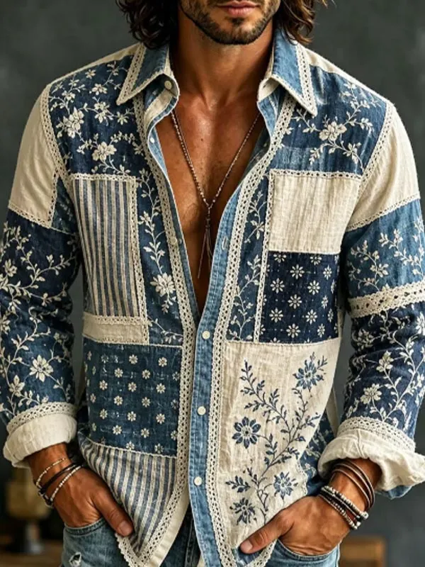 Men's Ditsy Floral Striped Print Long Sleeve Shirt