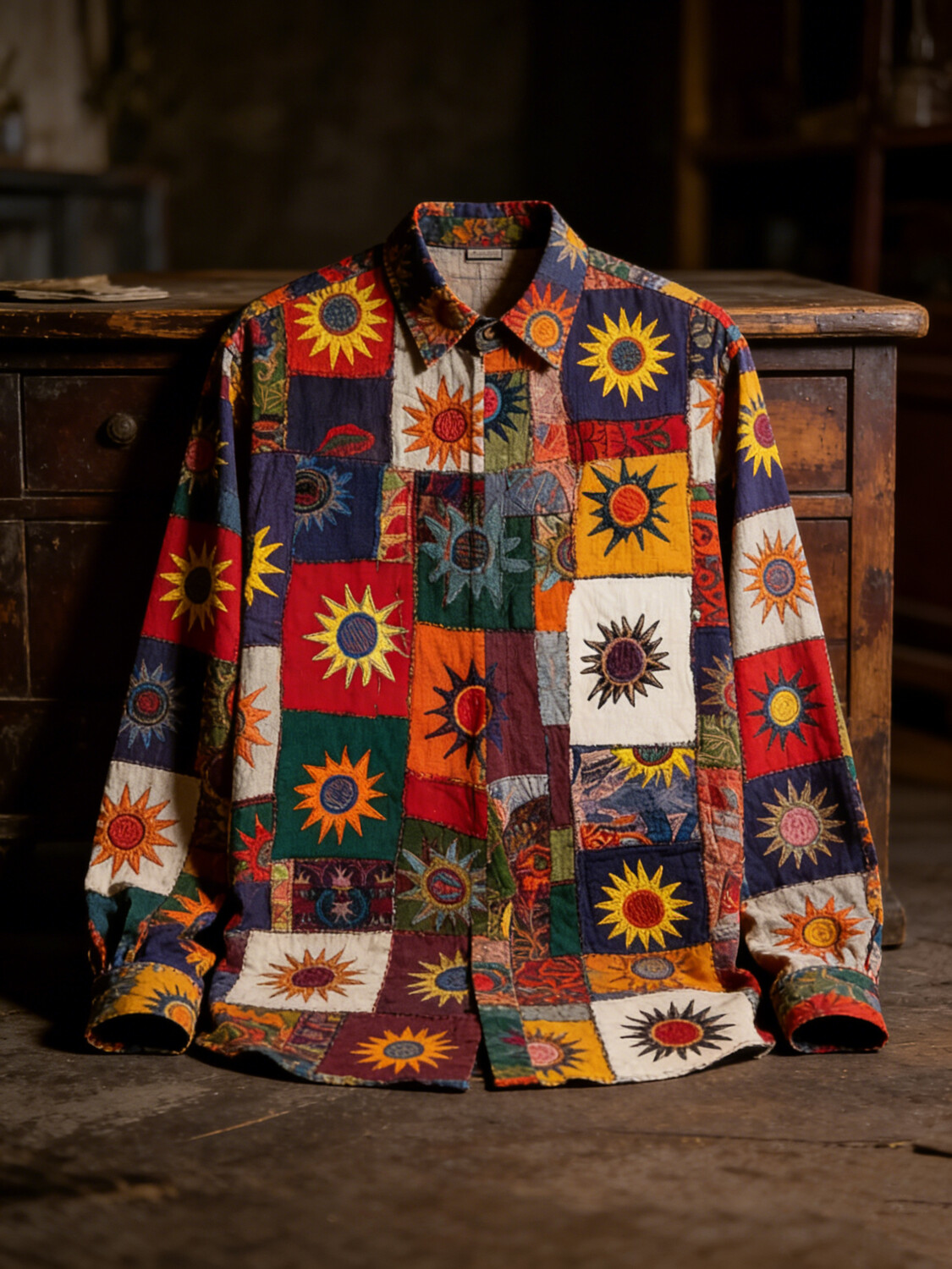 Men's Vintage Patchwork Sun Hippie Boho Art Print Long Sleeve Shirt