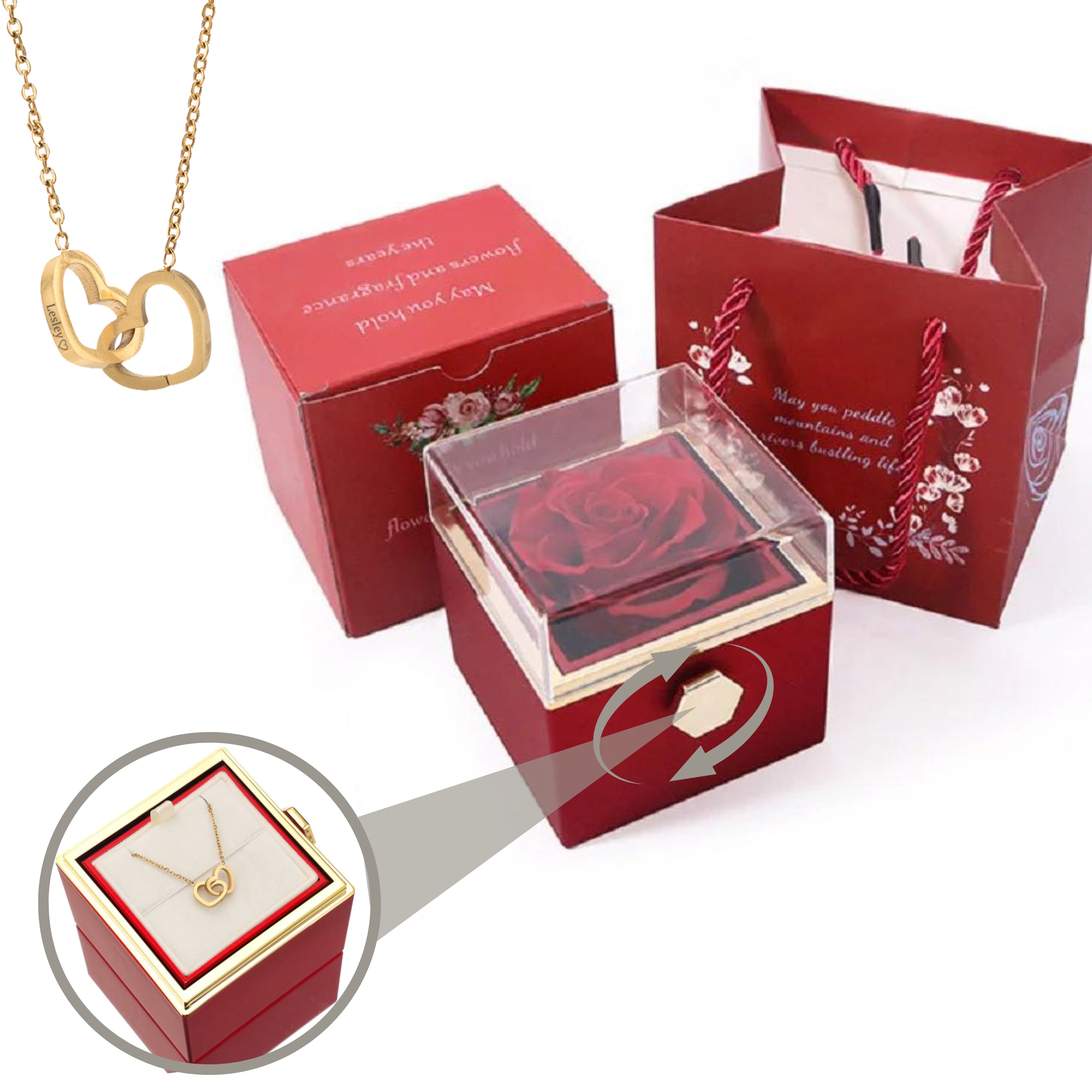 Pheromania ETERNALLY PRESERVED ROTATING ROSE BOX - W/ ENGRAVED HEART NECKLACE