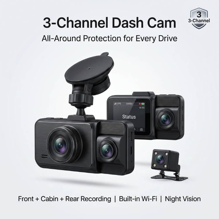 3-Channel 1080P Dash Cam with Wi-Fi & Night Vision — Front, Cabin & Rear Car Camera for Rideshare & Commuters