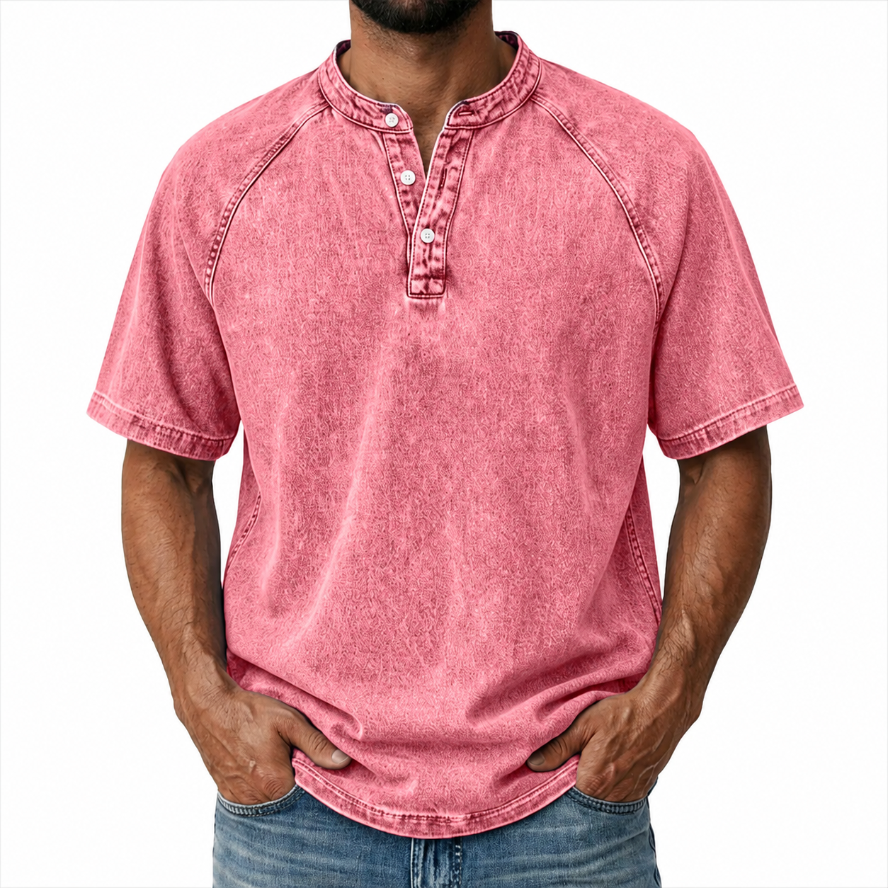 **American Flag Henley Shirt - 100% Cotton, Vintage Washed Look** - Pink 2XL