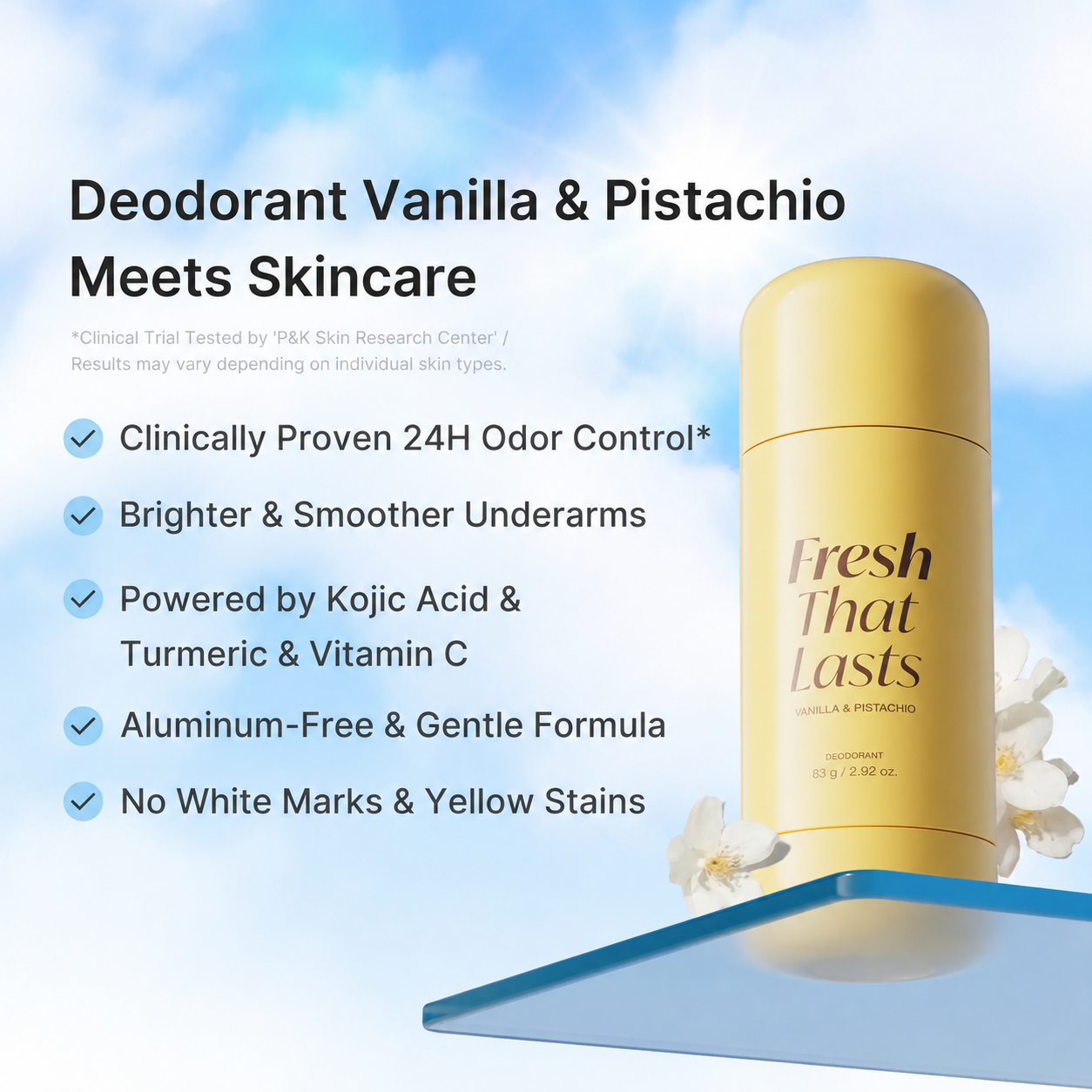 Vanilla & Pistachio Deodorant – 24H Odor Protection, Aluminum-Free, Brightens & Smooths Underarms with Kojic Acid & Turmeric