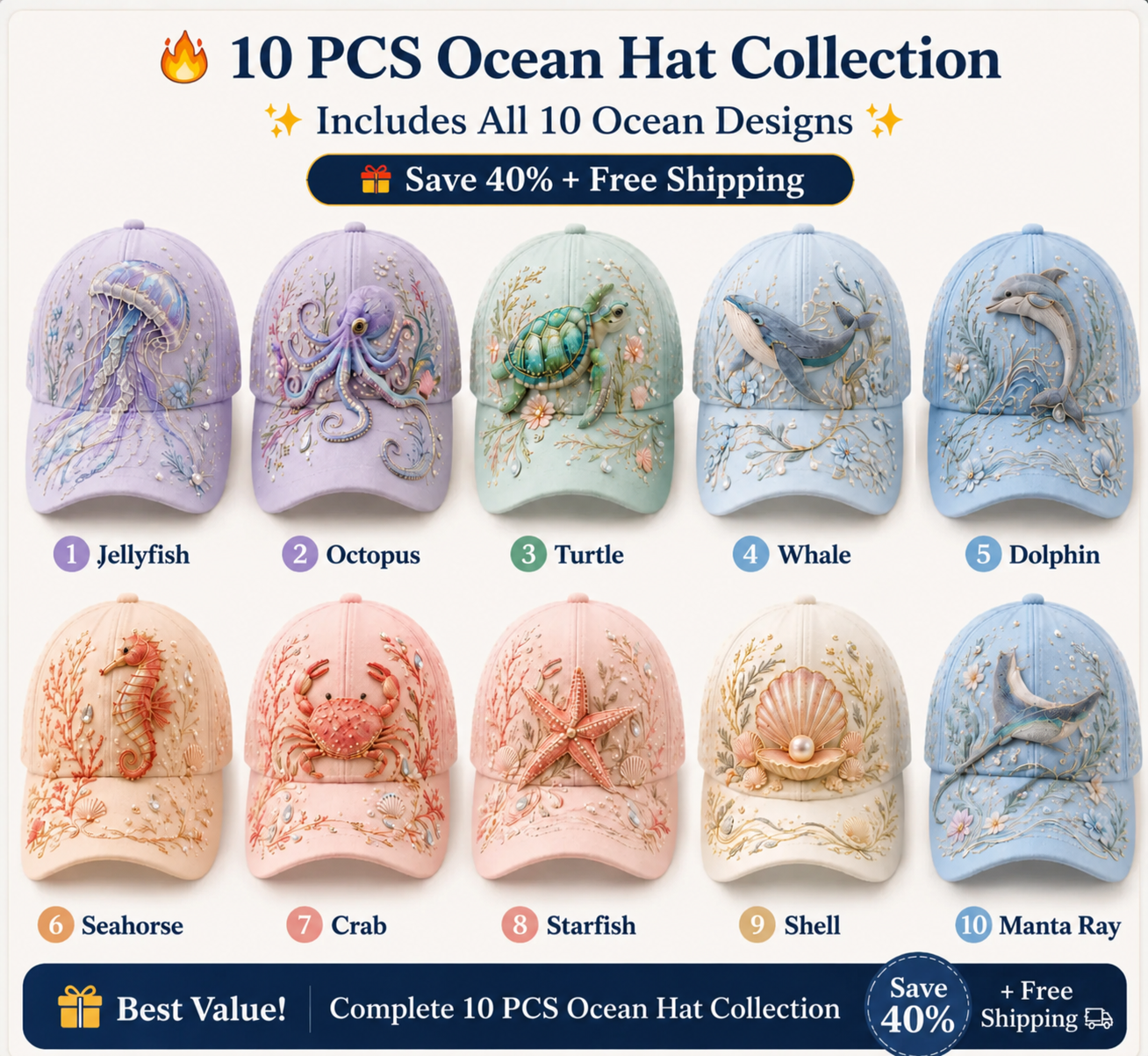3D Ocean Creatures Embroidery Cap | Pearl & Crystal Adjustable Hat for Beach, Travel & Everyday Wear