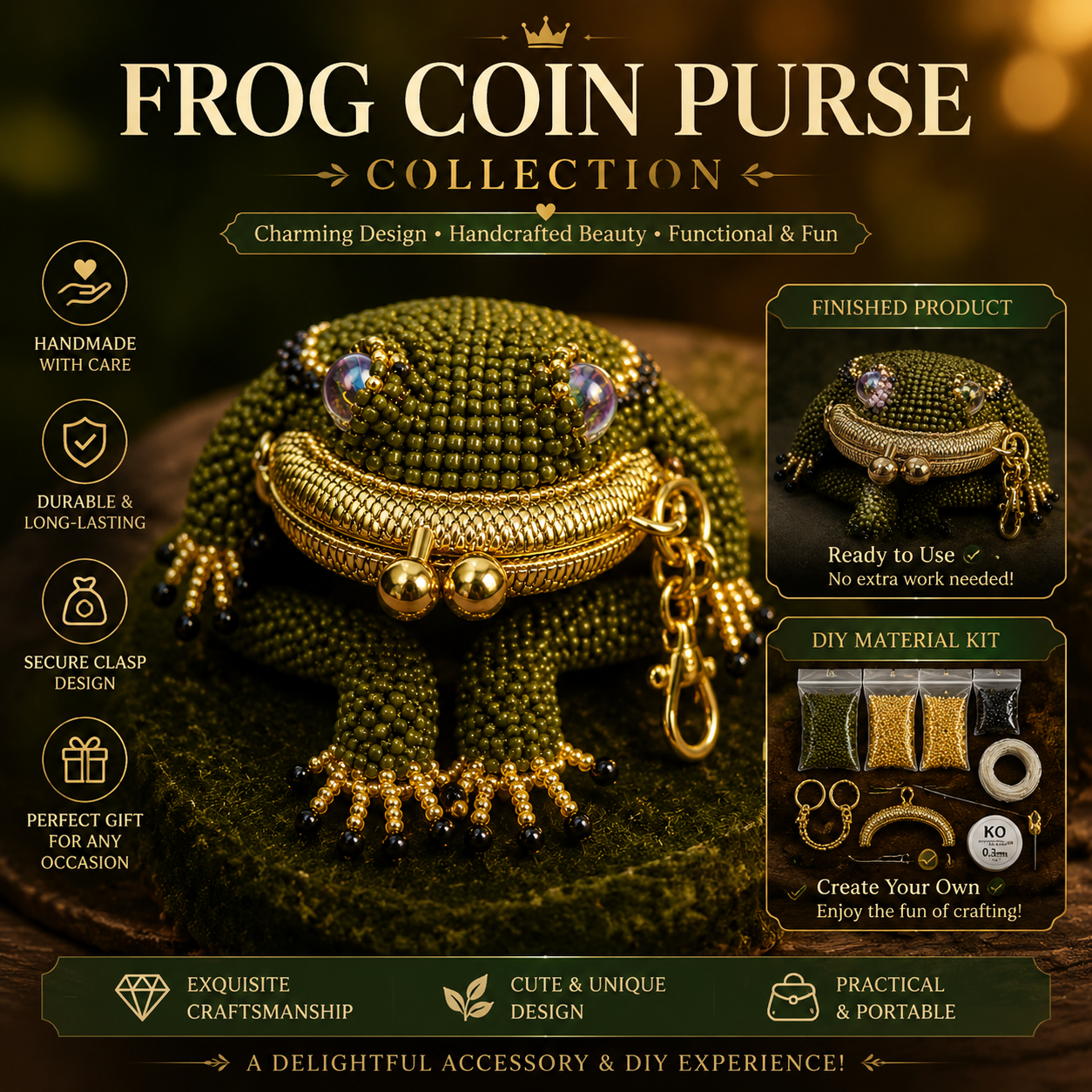 🐸 Frog Coin Purse Collection – Ready-Made Fabric Purse & Beaded Craft Kit