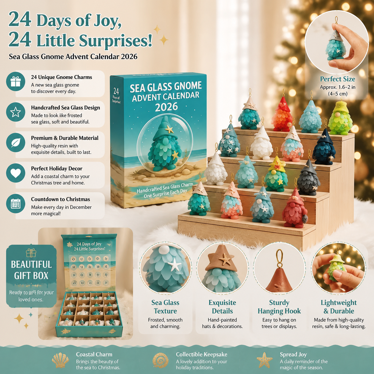 🌊🧝‍♂️Sea Glass Gnome Advent Calendar 2026 – Magical Christmas Countdown Decoration