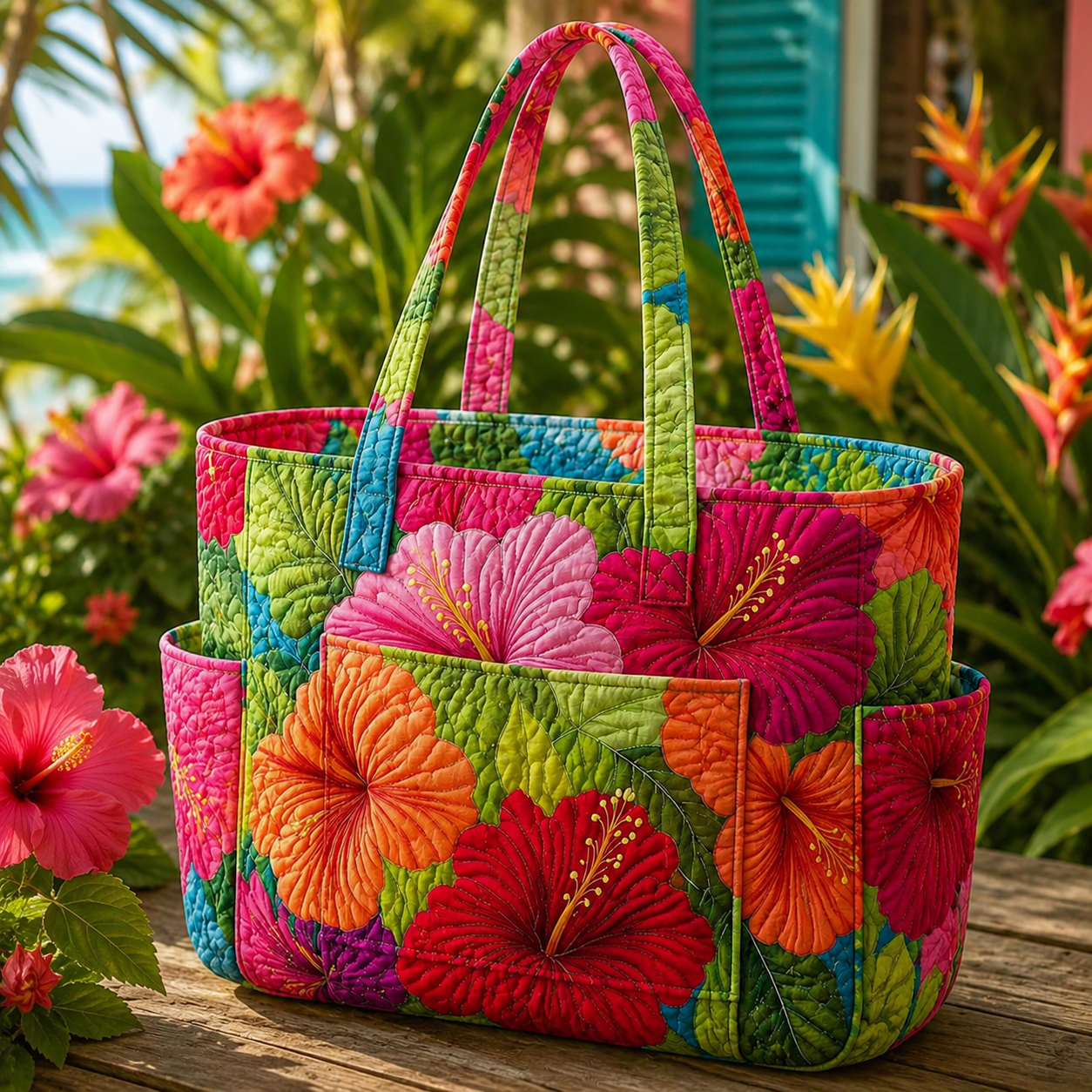 Hibiscus Glow Multiple Pockets Quilted Tote Bag TP06