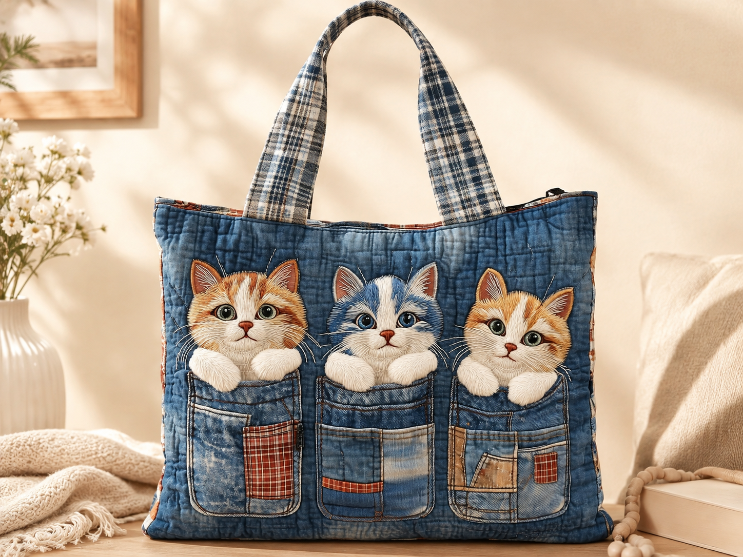 Cat Pockets Quilted Tote Bag