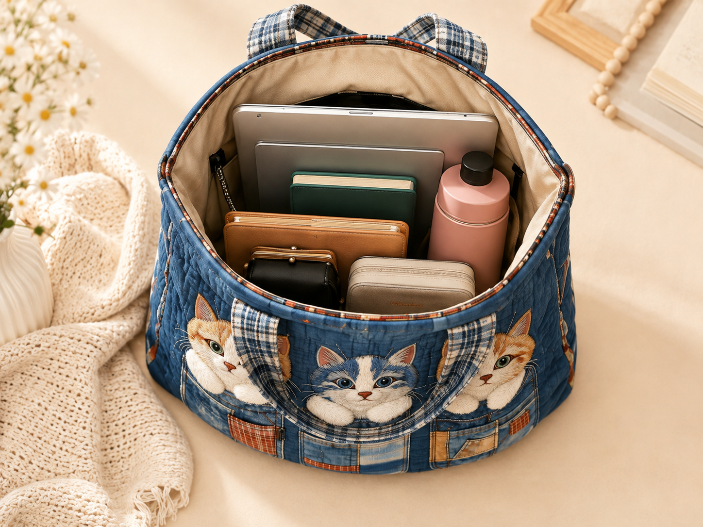 Spacious Cat Pockets Quilted Tote Bag