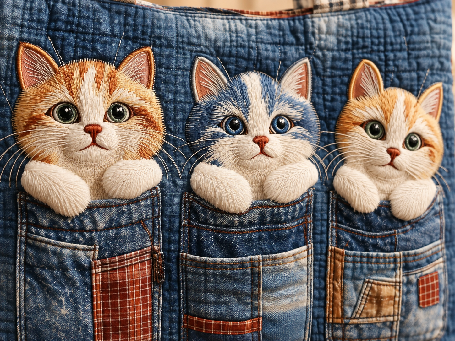 Three adorable kittens on quilted tote