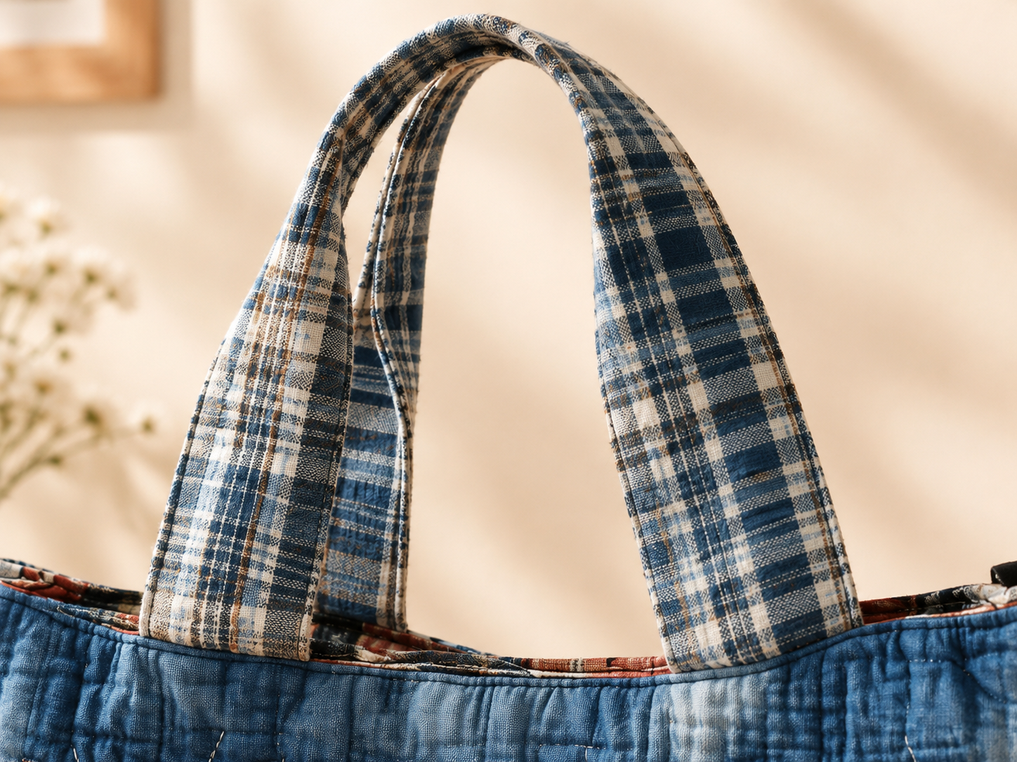 Plaid tote handles