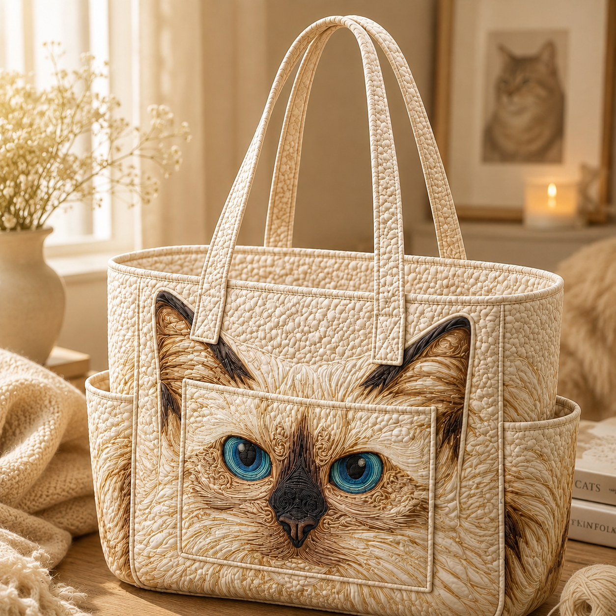 Swirly Ragdoll Multiple Pockets Quilted Tote Bag TP32