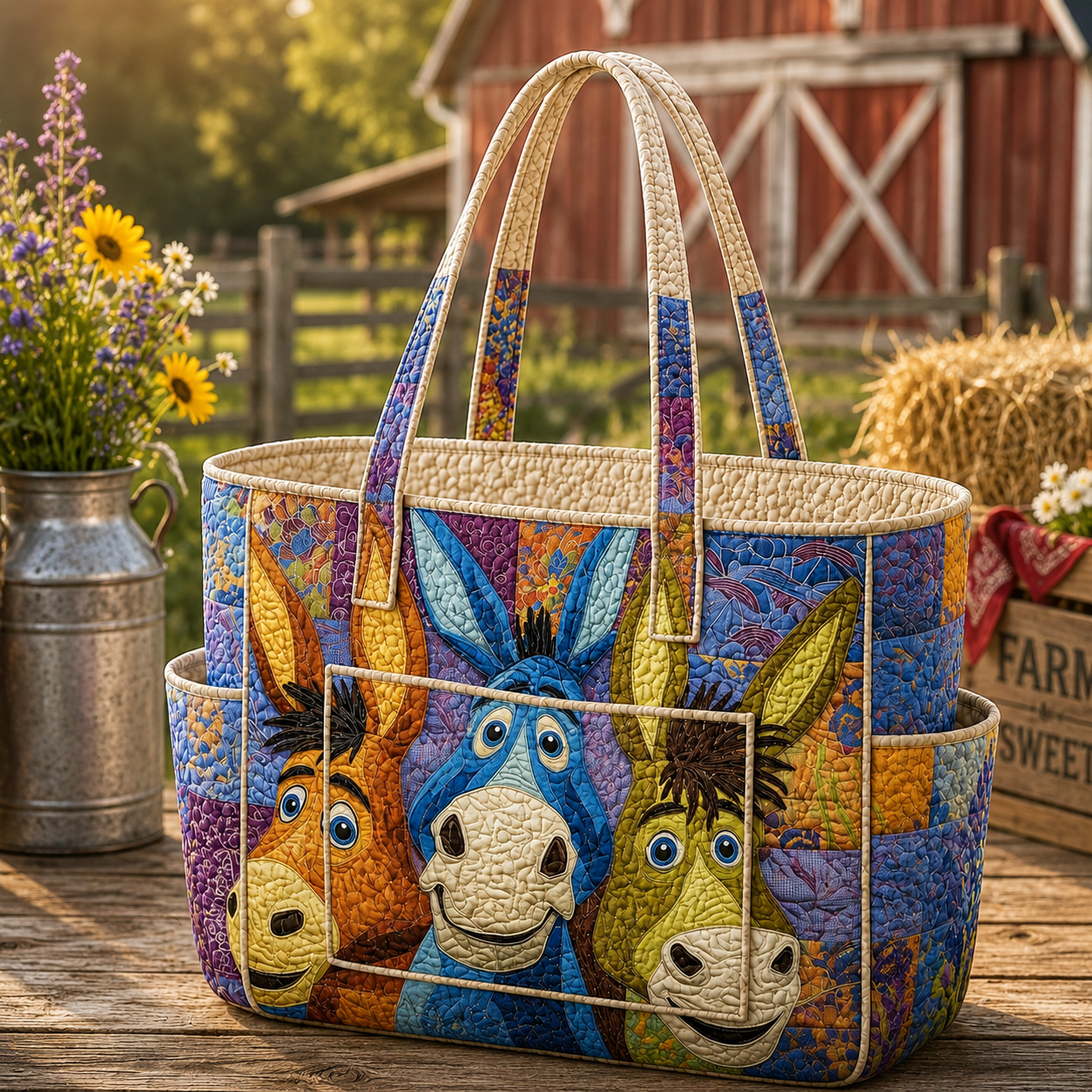 Whimsical Donkeys Multiple Pockets Quilted Tote Bag TP33