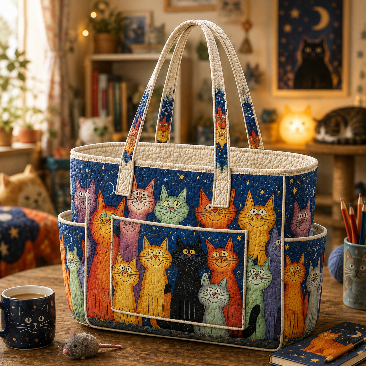 Funky Cat Multiple Pockets Quilted Tote Bag TP34