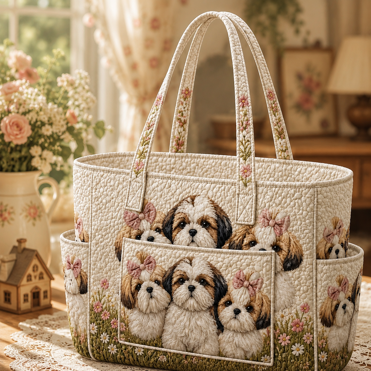 Shih Tzu Joy Multiple Pockets Quilted Tote Bag TP35