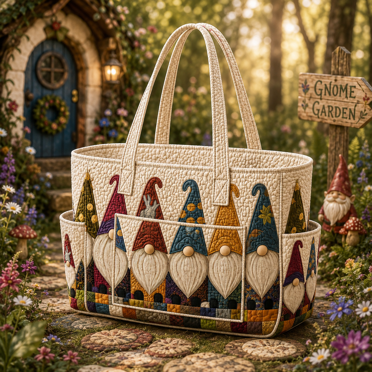 Adorable Gnomes Multiple Pockets Quilted Tote Bag TP38