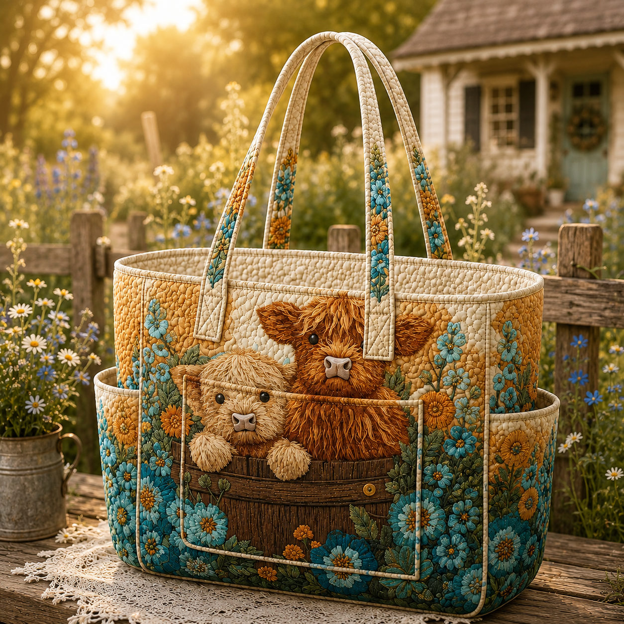 Highland Cow Multiple Pockets Quilted Tote Bag TP47