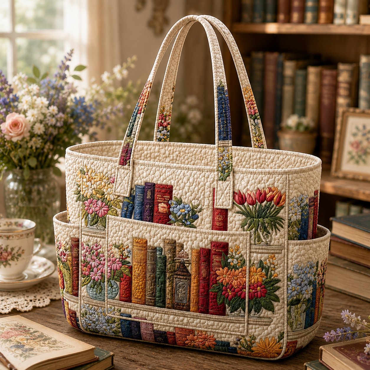 Bookish Multiple Pockets Quilted Tote Bag TP49