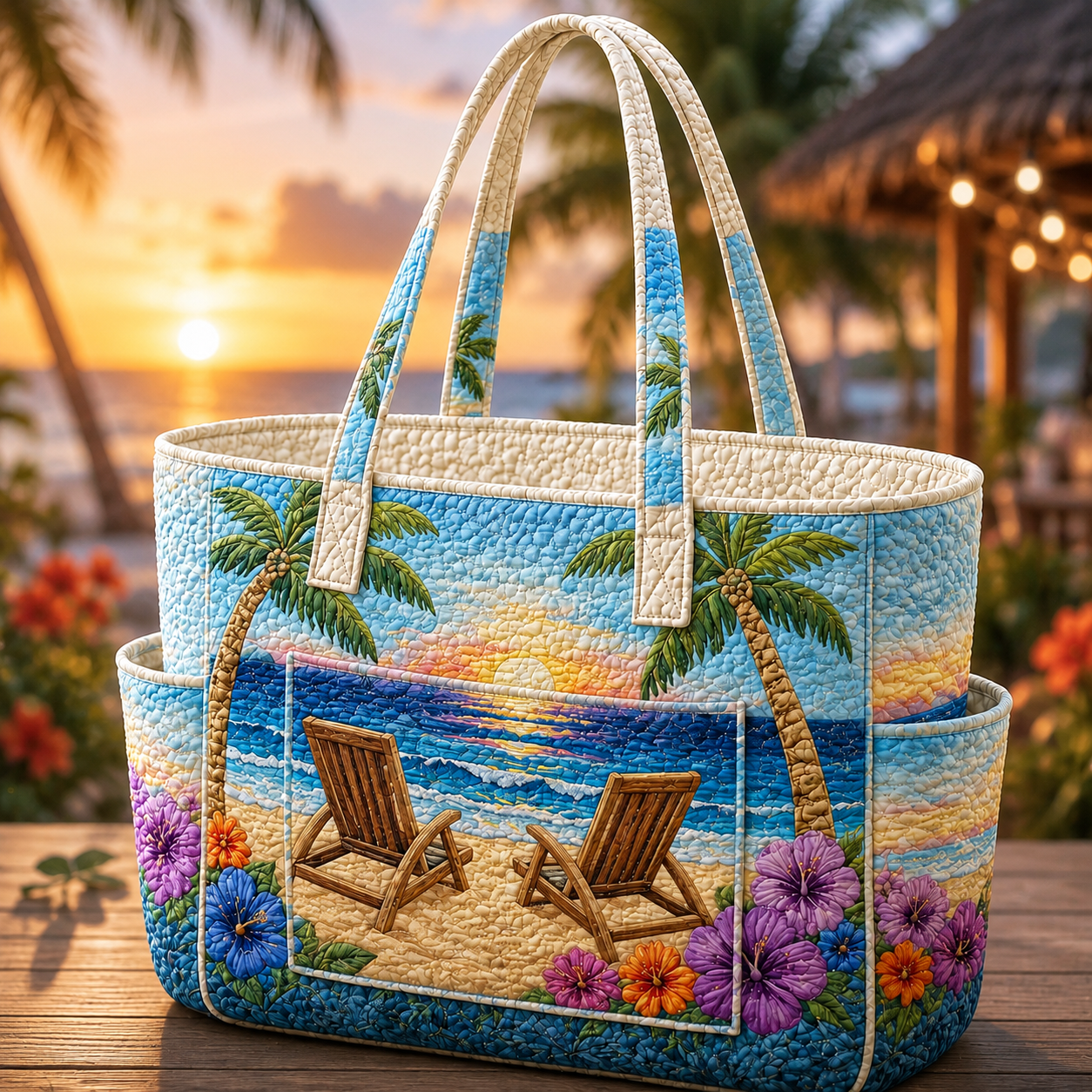 Palm Island Paradise Multiple Pockets Quilted Tote Bag TP59