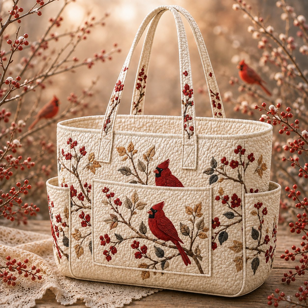 Crimson Leaves Multiple Pockets Quilted Tote Bag TP67